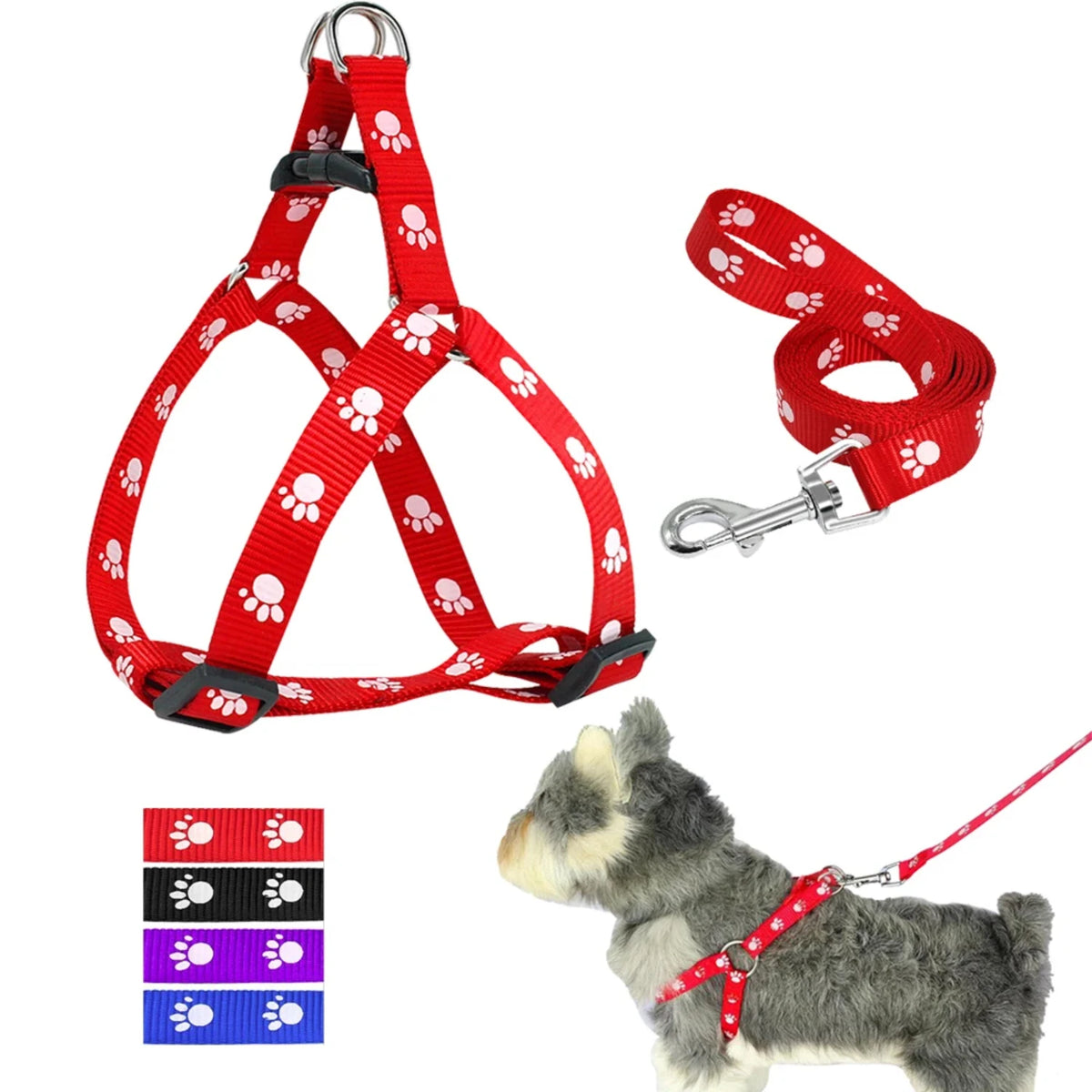 Adjustable Nylon Dog Harness And Leash Set With Paw Print Pattern