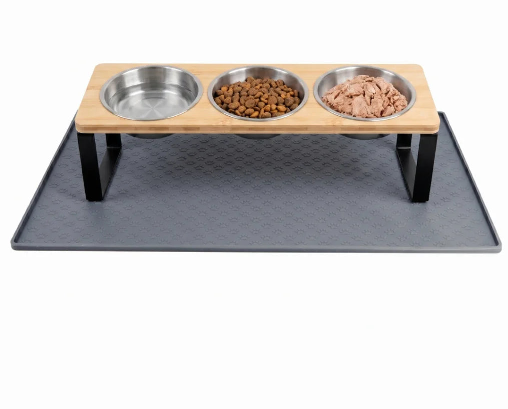 Elevated 3 Bowl Cat Feeder With Bamboo Stand And Steel Bowls