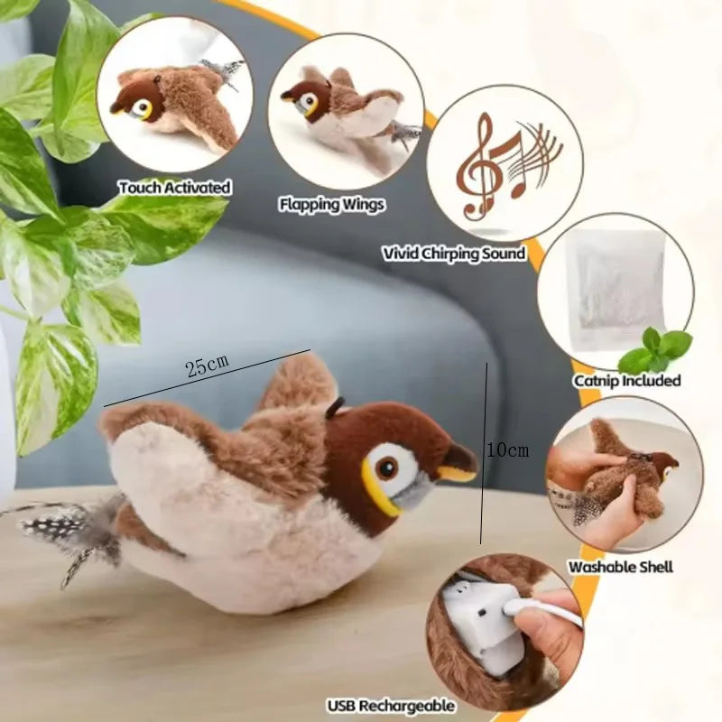Interactive Chirping Simulated Bird Plush Cat Toy With Flapper
