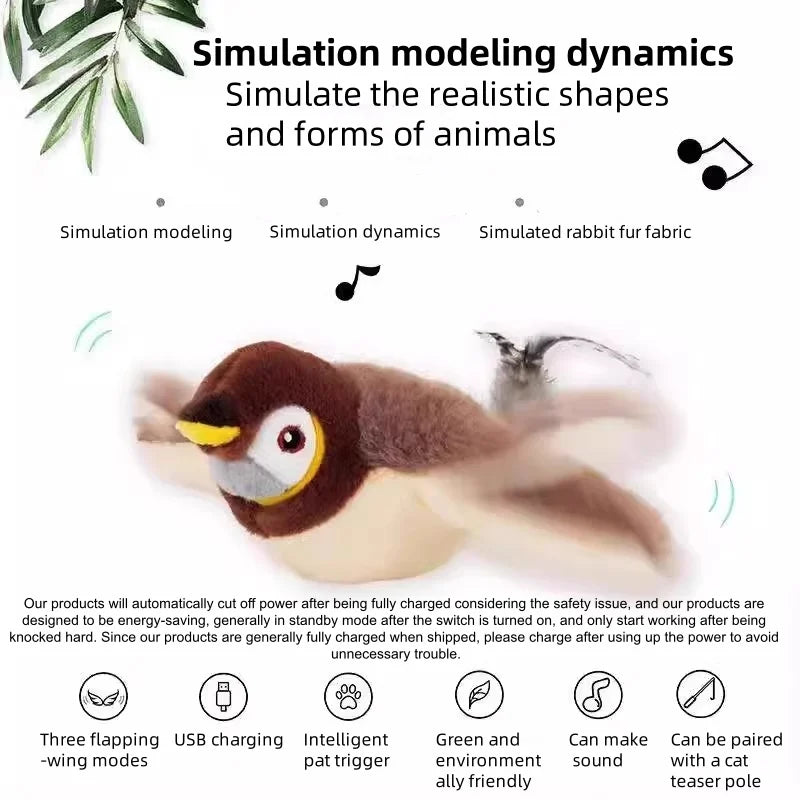 Interactive Chirping Simulated Bird Plush Cat Toy With Flapper
