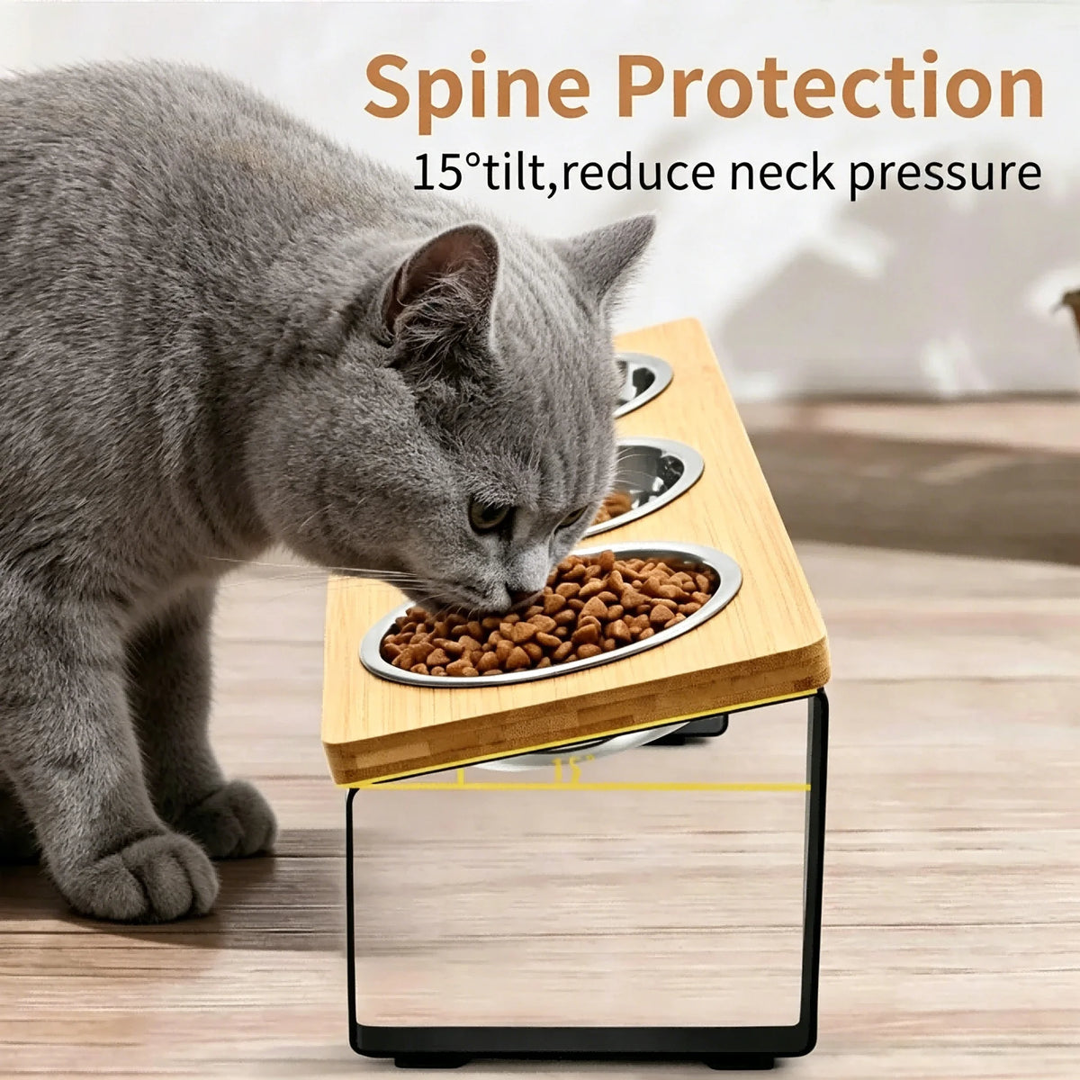 Elevated 3 Bowl Cat Feeder With Bamboo Stand And Steel Bowls