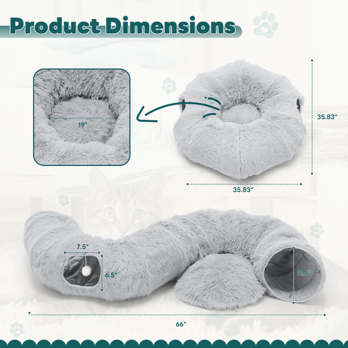 JHK Round Cat Tunnel Bed Soft Plush Washable Pet Toy