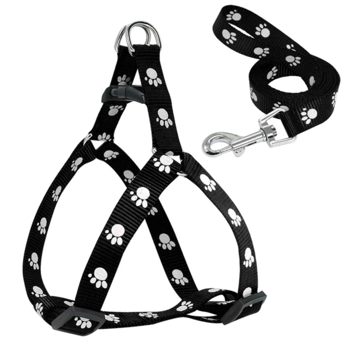 Adjustable Nylon Dog Harness And Leash Set With Paw Print Pattern