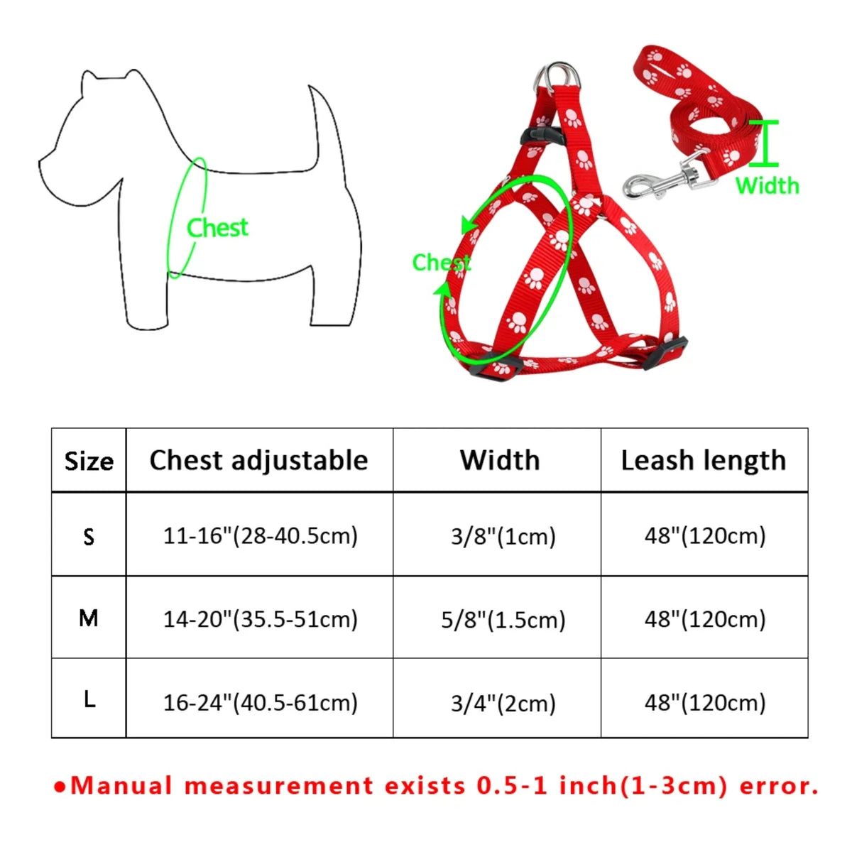Adjustable Nylon Dog Harness And Leash Set With Paw Print Pattern